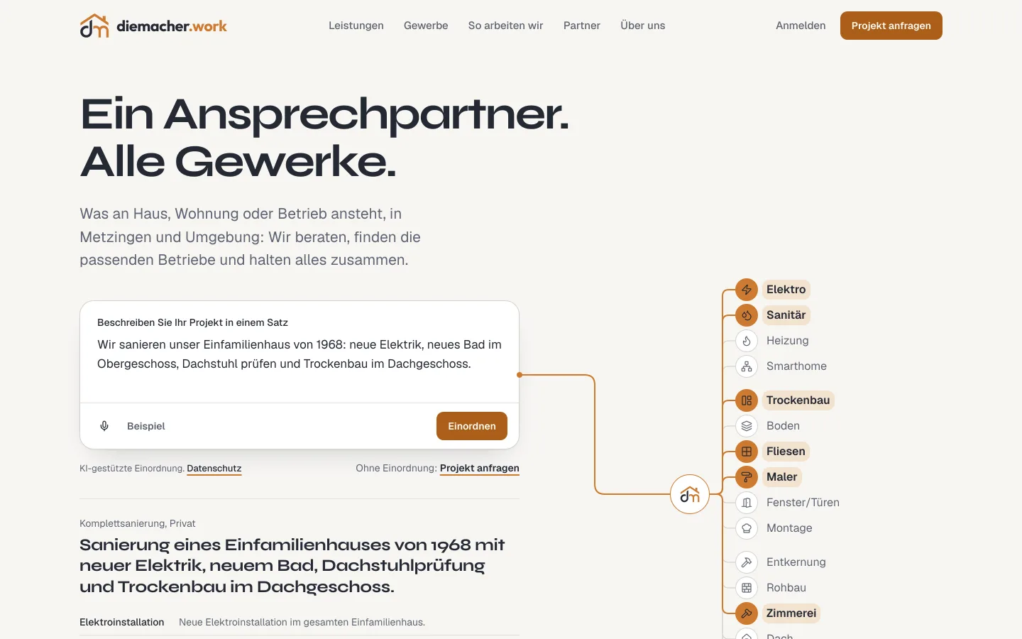 diemacher.work home page: one sentence describes the project, the trade network with highlighted trades on the right