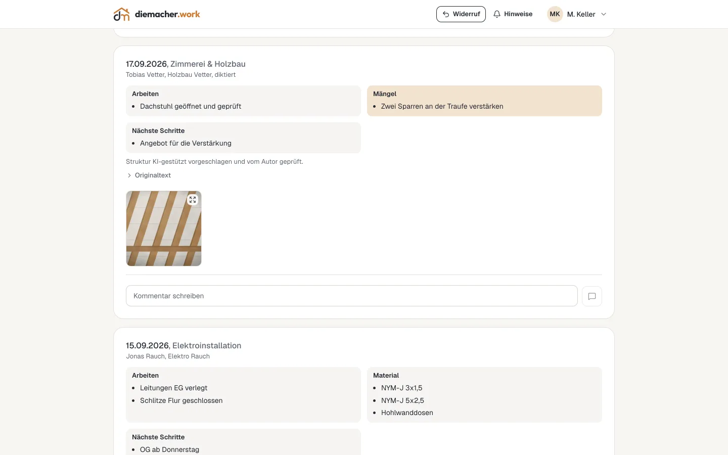 Site diary in the die macher portal: a dictated entry with photo, below it an entry with two photos